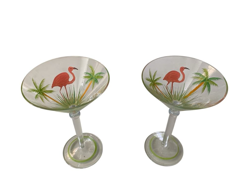 Pink Flamingo Martini Glasses Tropical Green Palm Tress Hand-Painted 7" Tall
